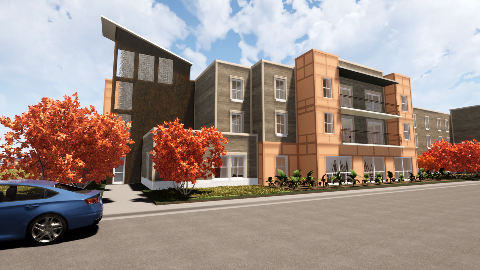 a blue car is parked in front of a large apartment building