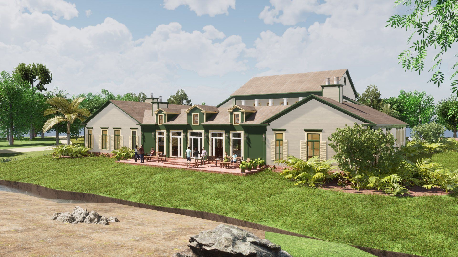 a large house with a lot of windows is surrounded by trees and grass .