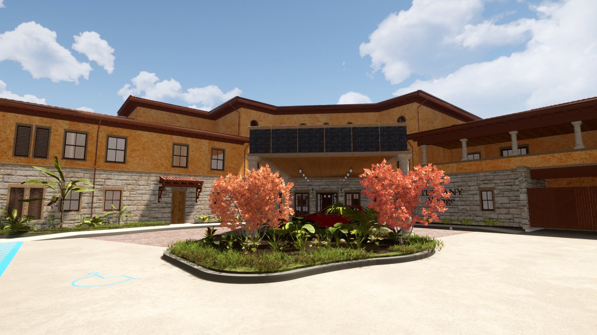 a large building with a lot of windows and trees in front of it .