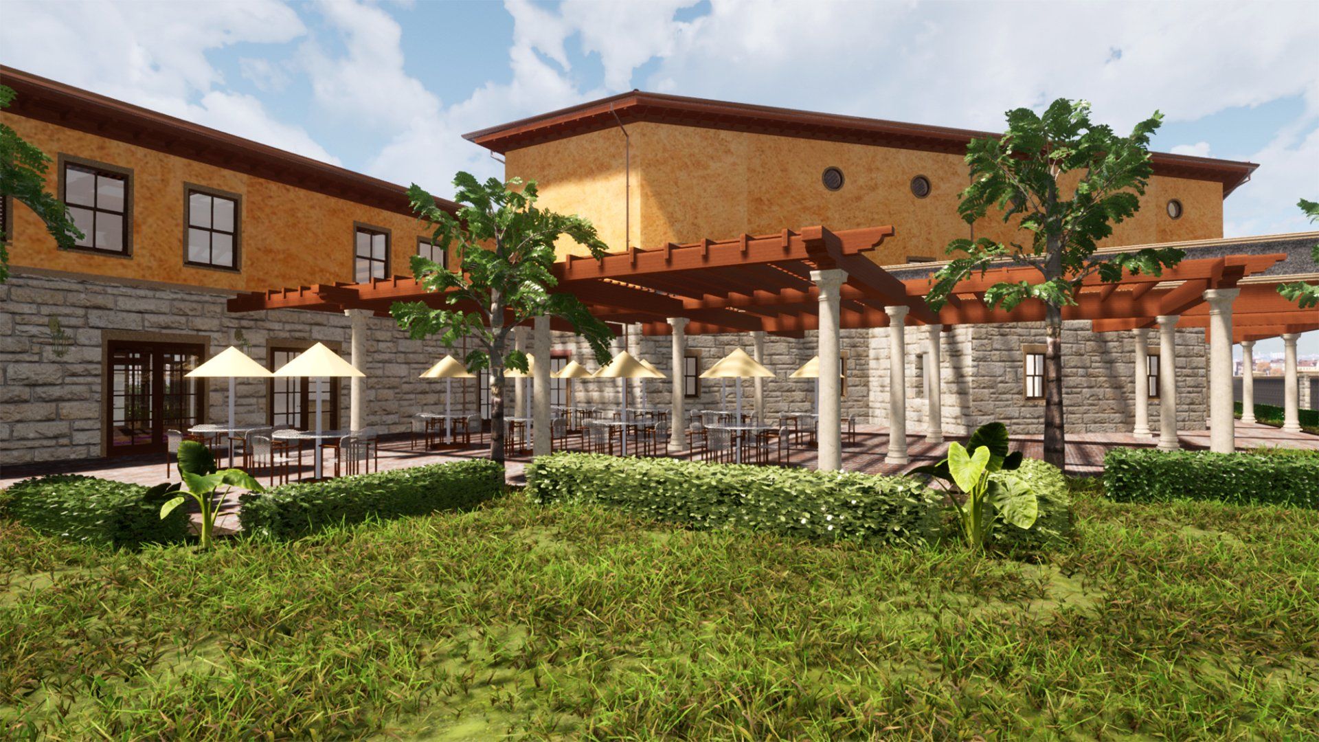 an artist 's impression of a restaurant with tables and umbrellas .