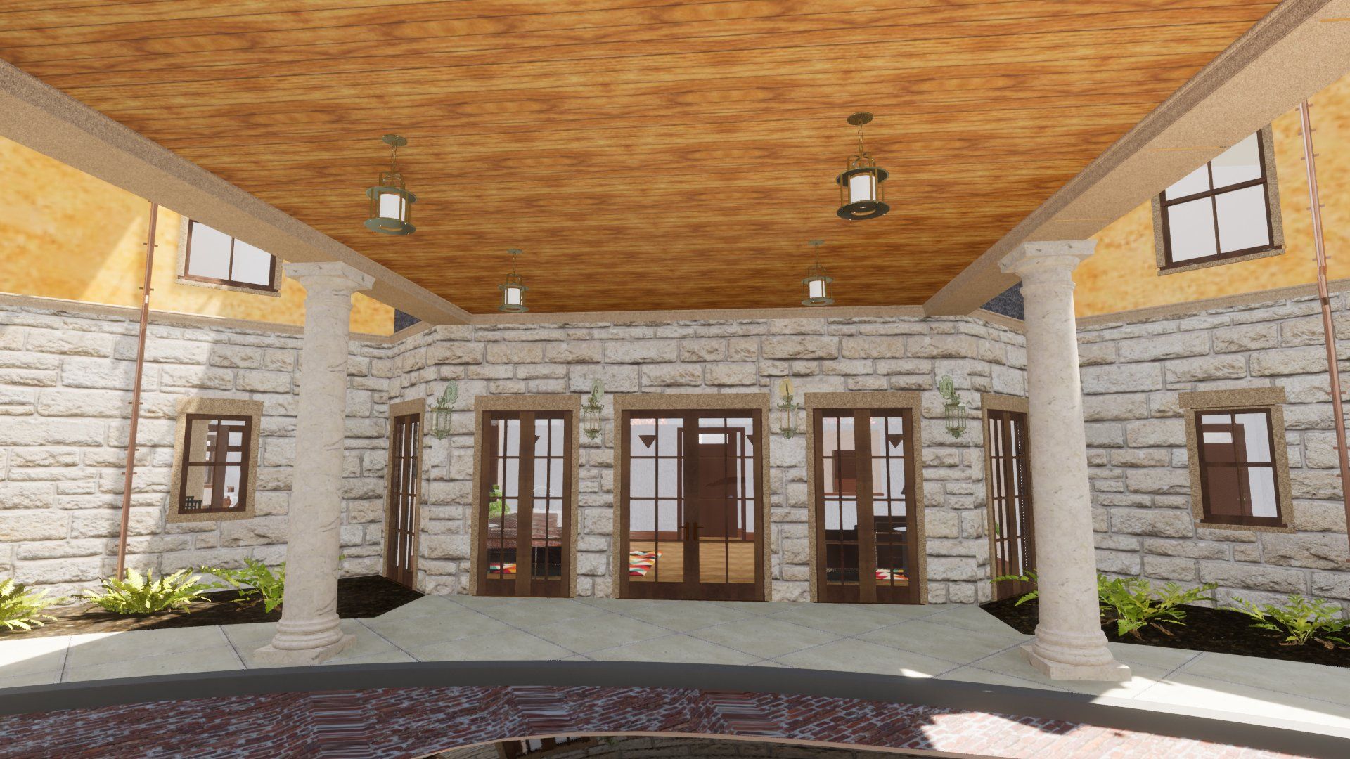 a computer generated image of a brick building with a wooden ceiling .