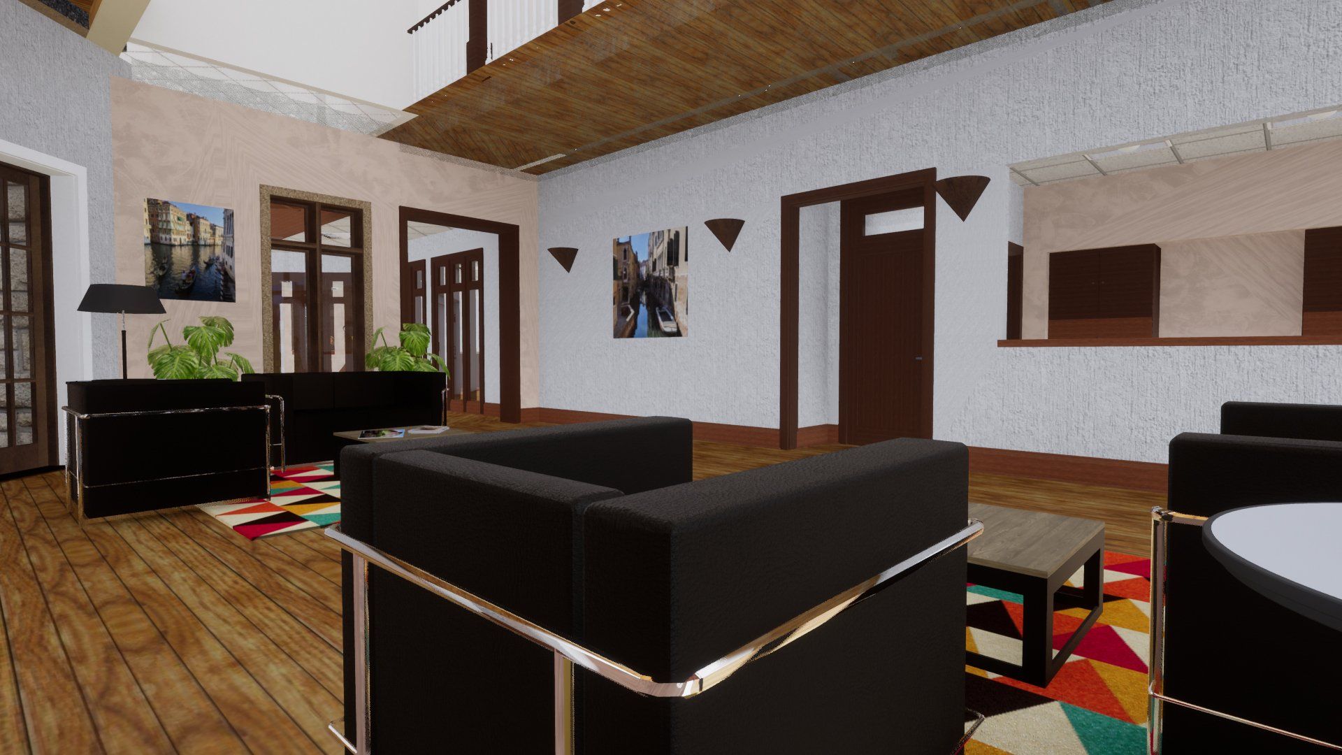 a living room with a couch , chair , table and rug .