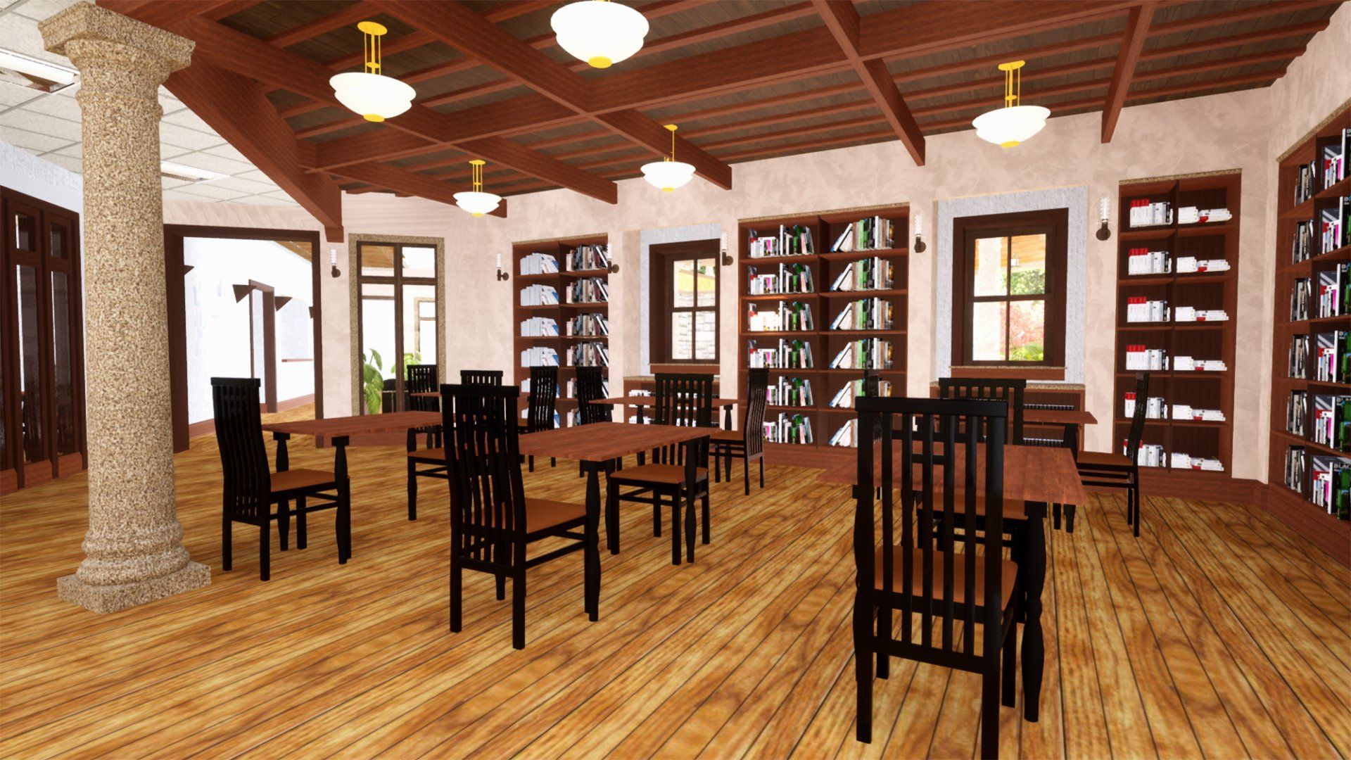 a large room with wooden floors and tables and chairs .
