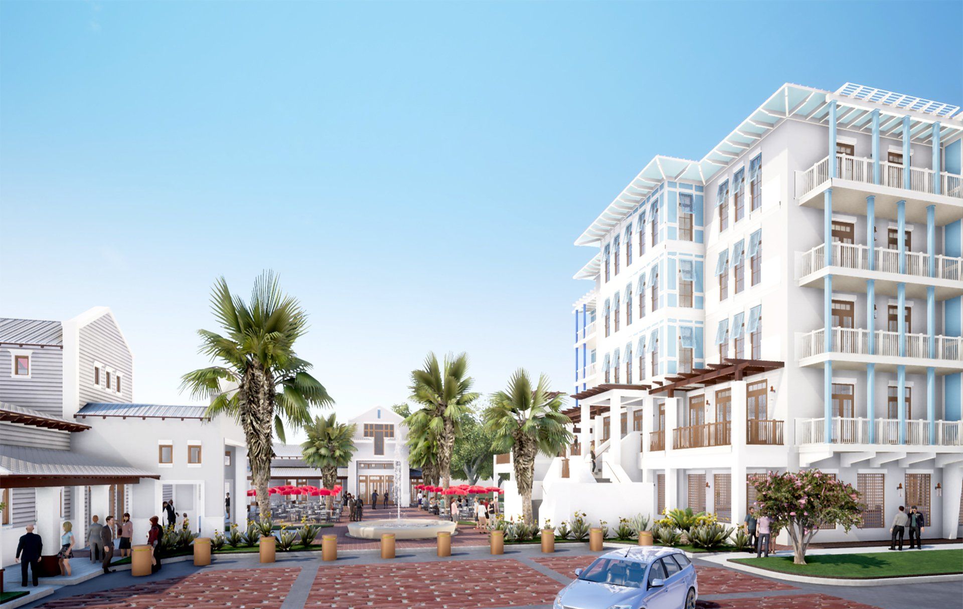 a car is parked in front of a large white building