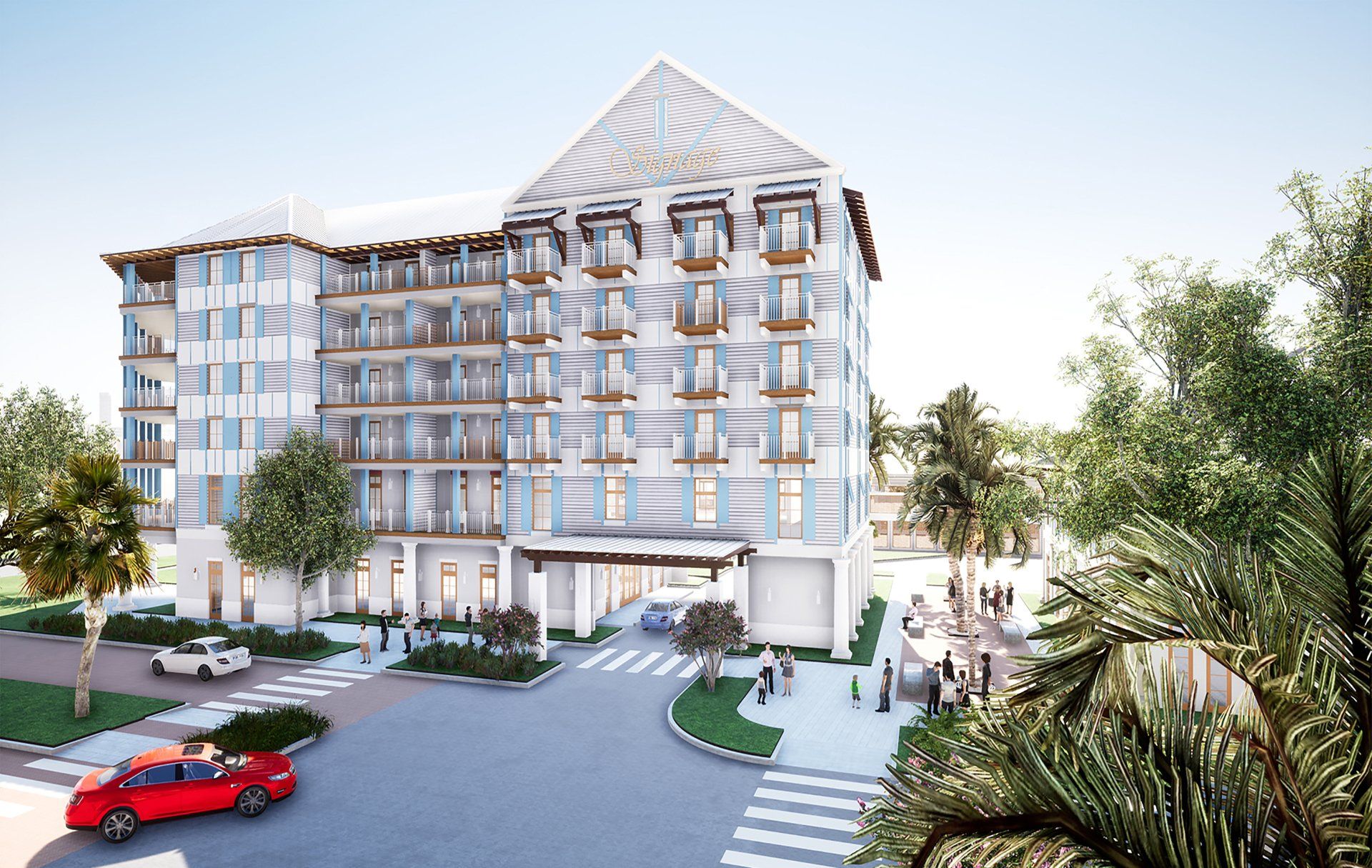 a red car is parked in front of a large building