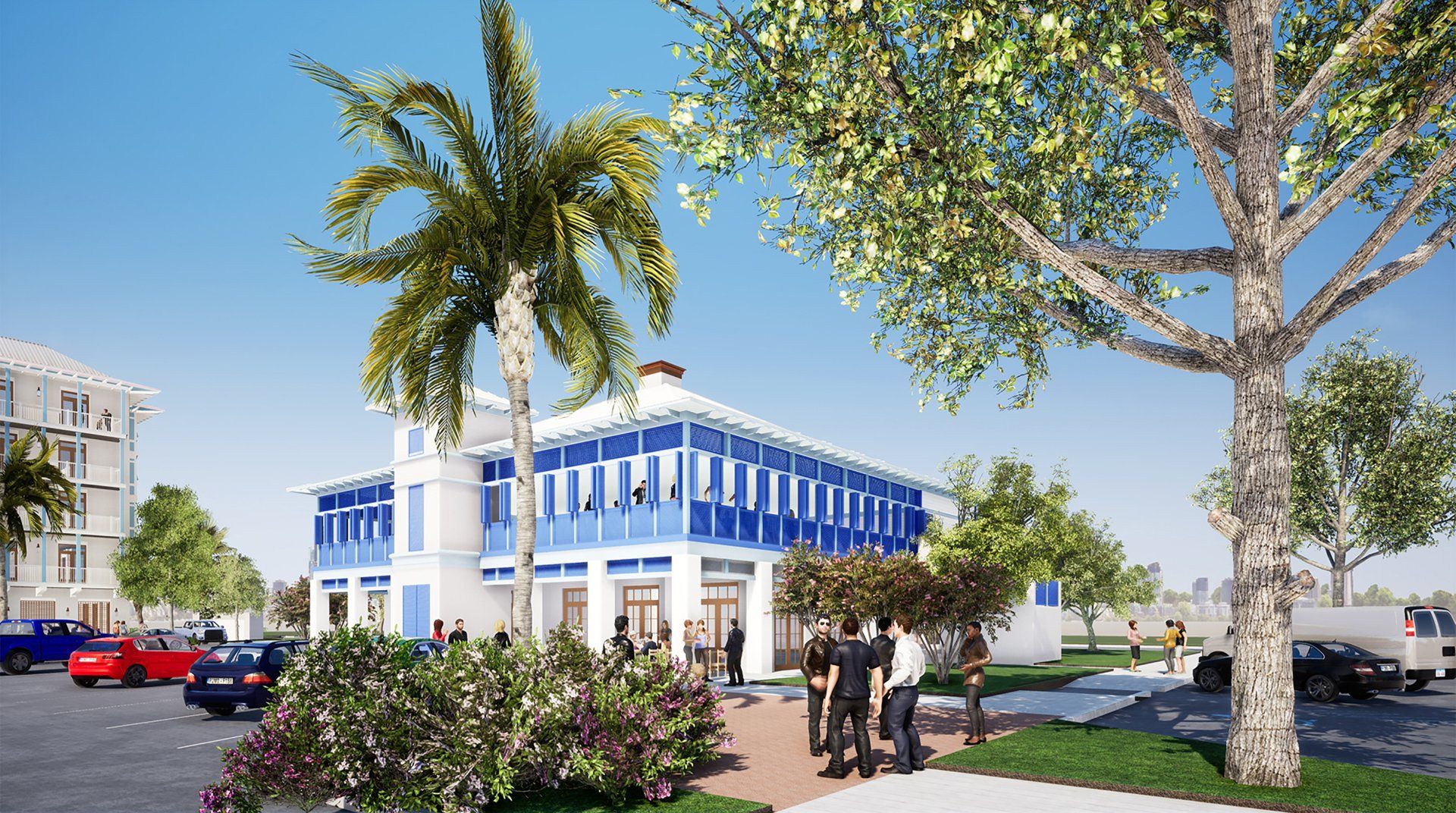 an artist 's impression of a blue and white building with palm trees in front of it .