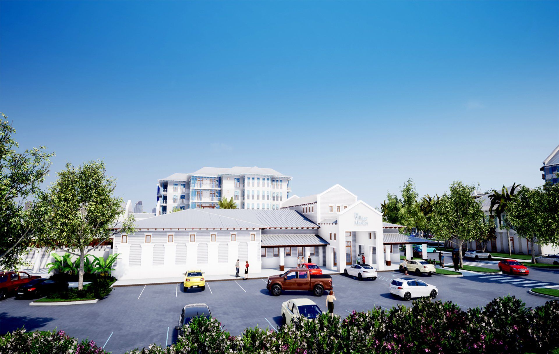 an artist 's impression of a building with cars parked in front of it
