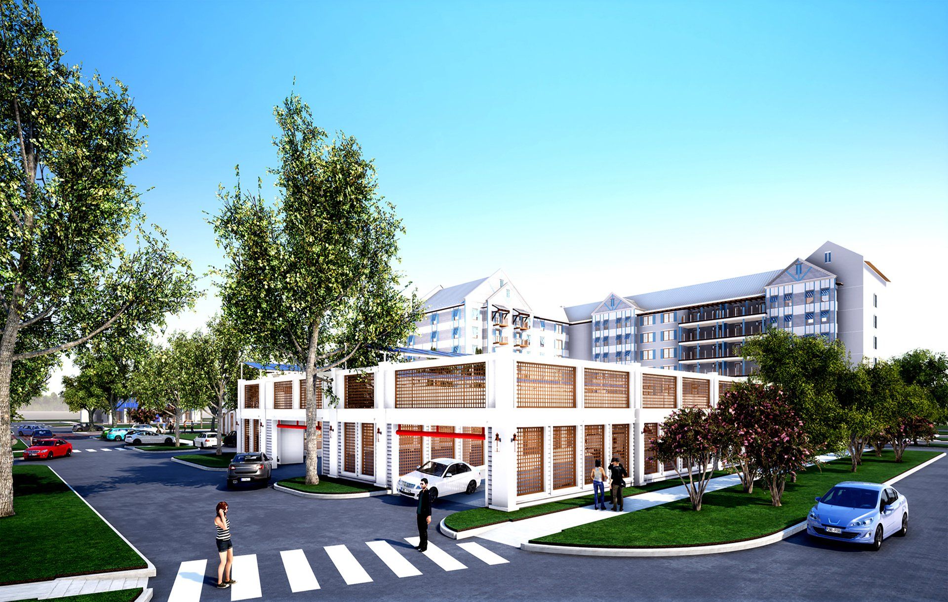 an artist 's impression of a building with cars parked in front of it