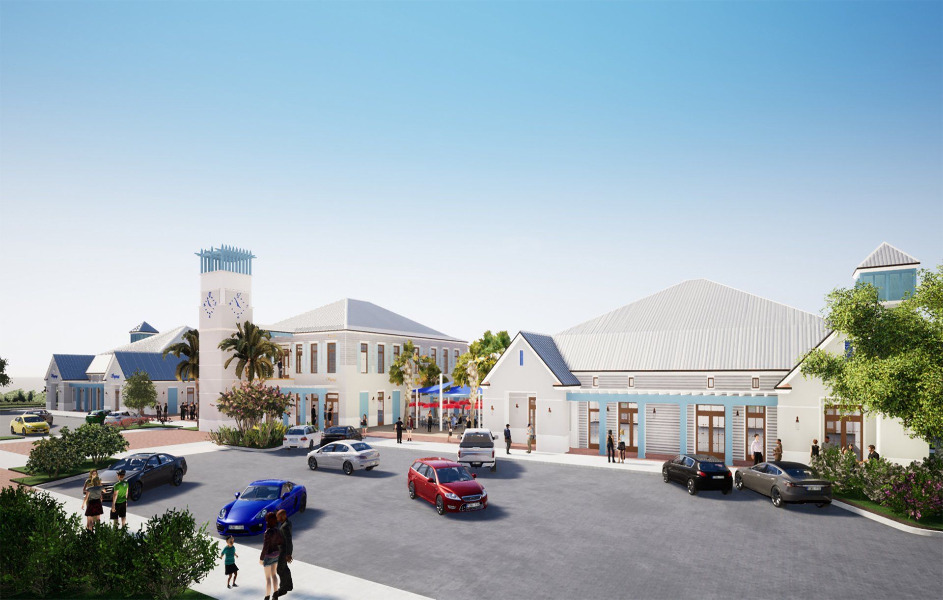 an artist 's impression of a building with cars parked in front of it .