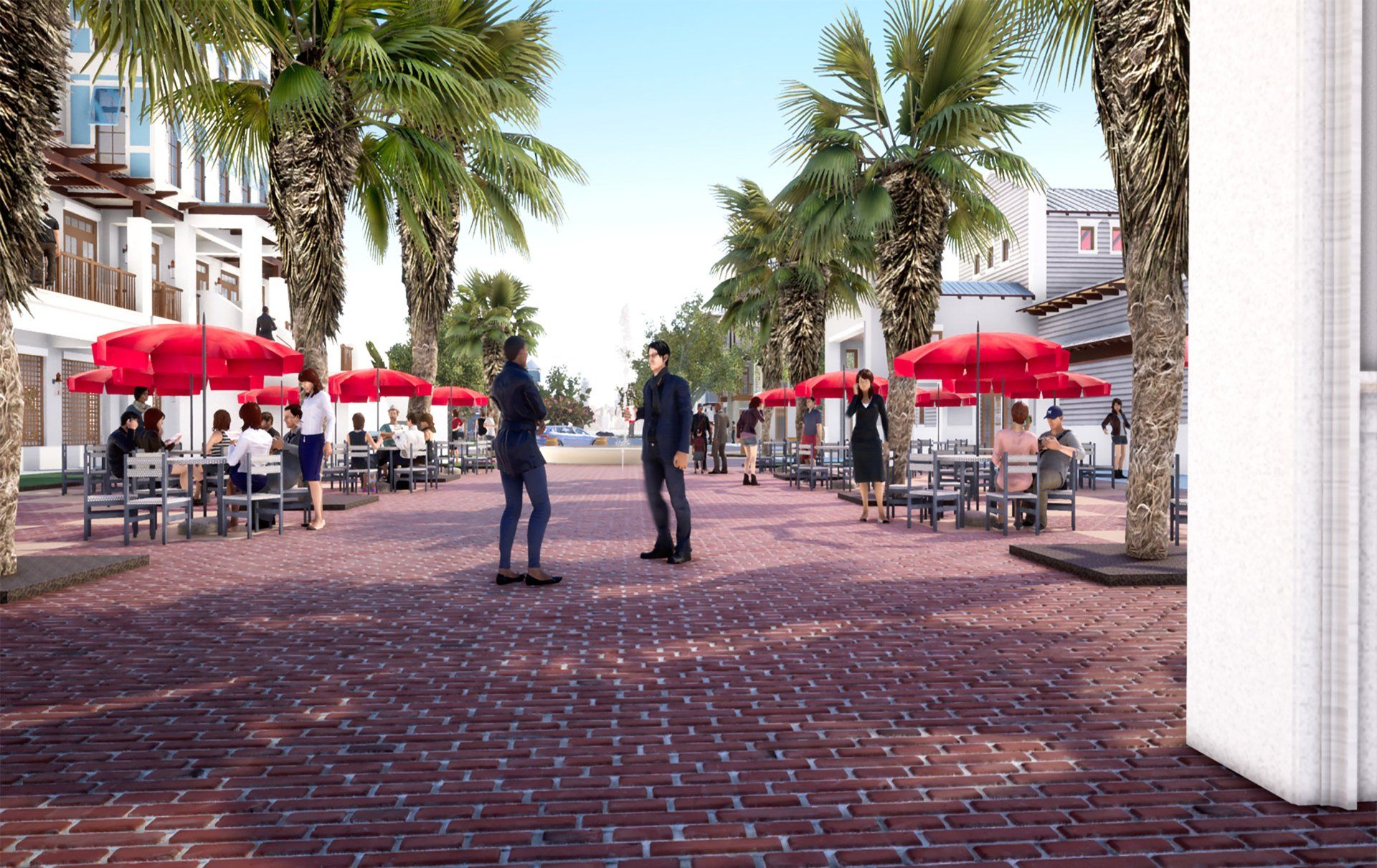 a group of people standing on a brick sidewalk with red umbrellas .