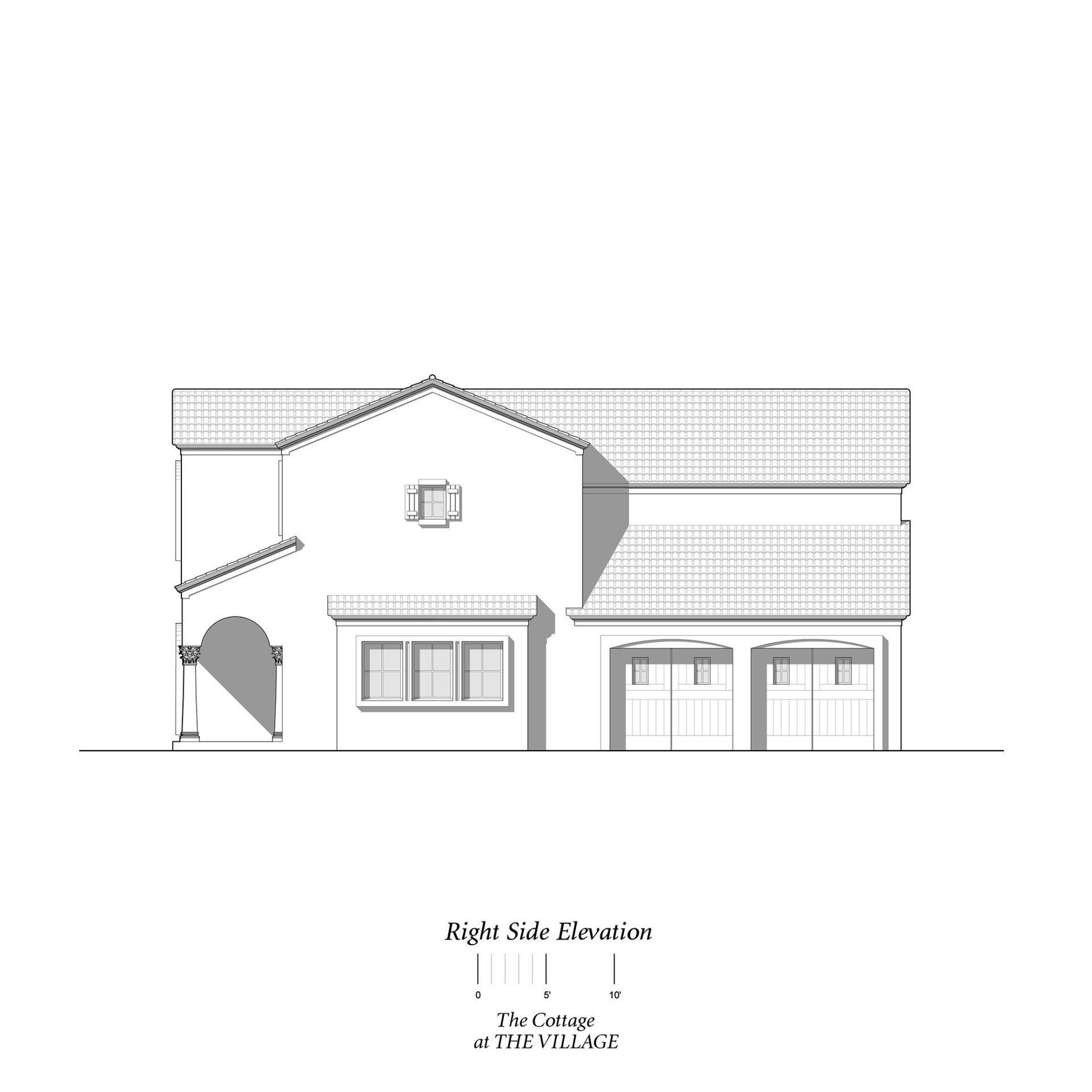 a black and white drawing of a house with a tiled roof