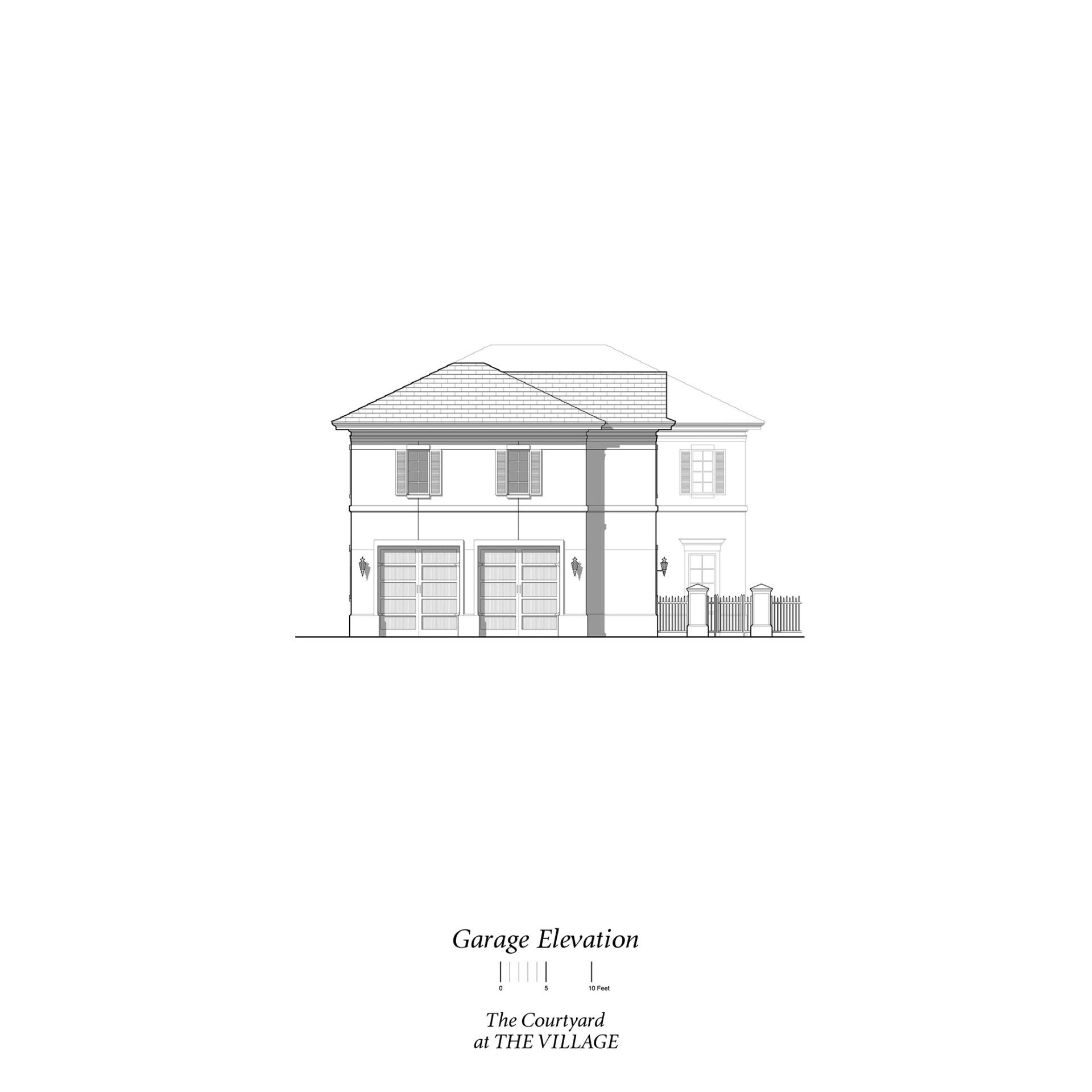 a black and white drawing of a house with two garages .