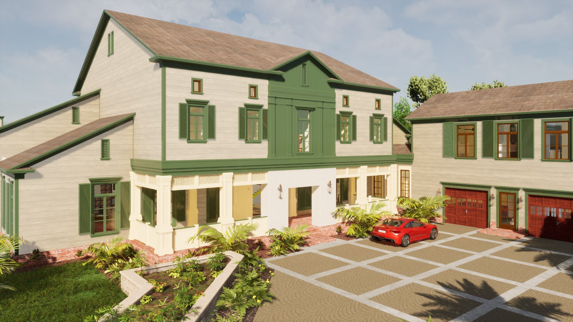 a large white and green house with a red car parked in front of it .