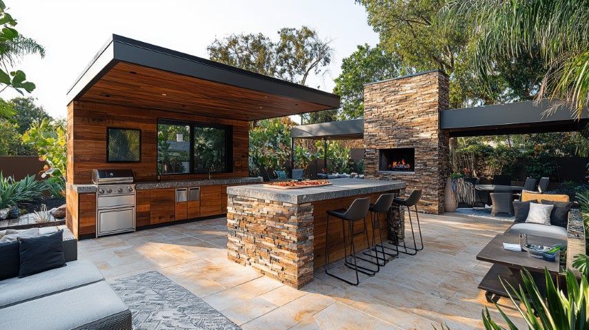 A patio with a kitchen and a fireplace in the backyard.