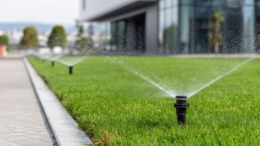 A row of sprinklers spraying water on a lush green lawn.