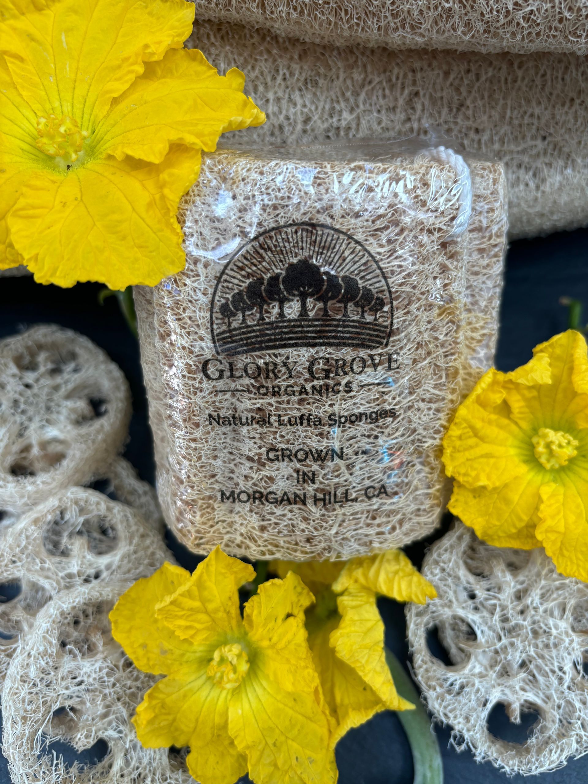 A bag of luffa sponges is surrounded by yellow flowers.