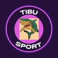 Logotipo de Tibu Sport con un tiburón de dibujos animados, círculos de color morado y morado claro y el texto 