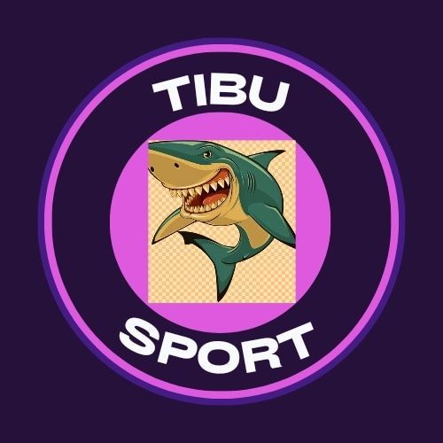 Logotipo de Tibu Sport con un tiburón de dibujos animados, círculos de color morado y morado claro y el texto 