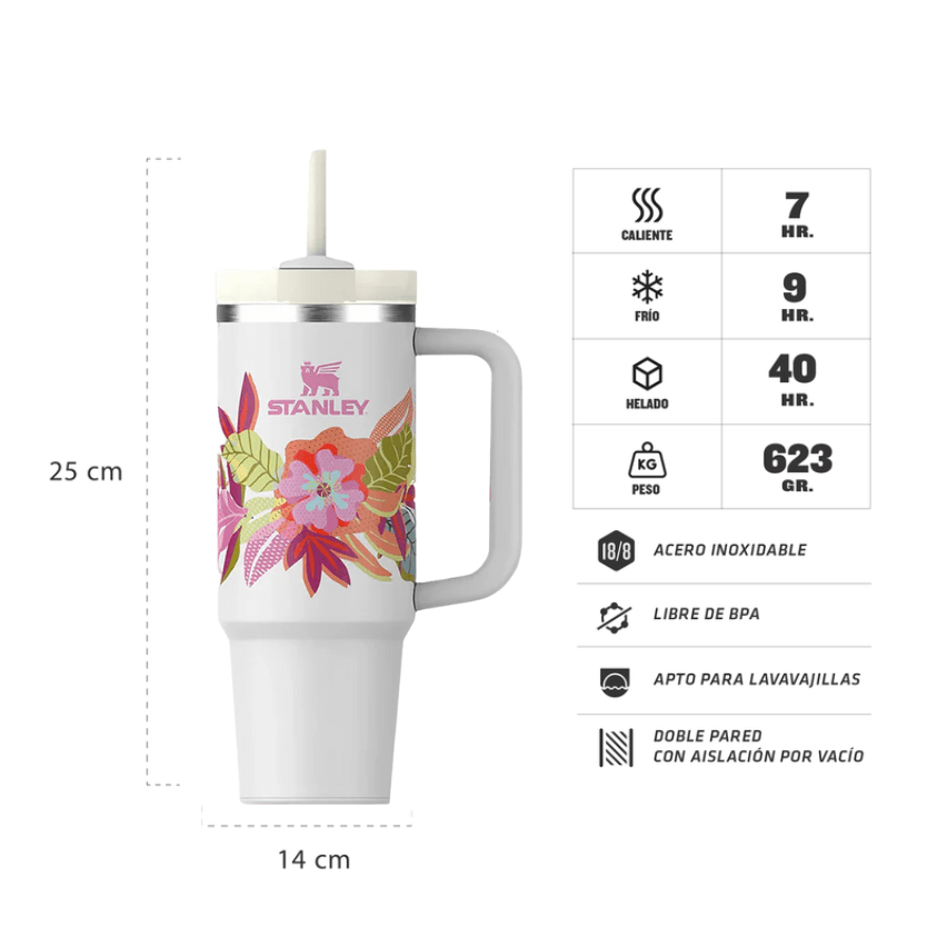 Vaso Stanley blanco con diseño floral, asa y pajita. Características: caliente durante 7 horas, frío durante 9 horas, helado durante 40 horas, 623 g de peso.