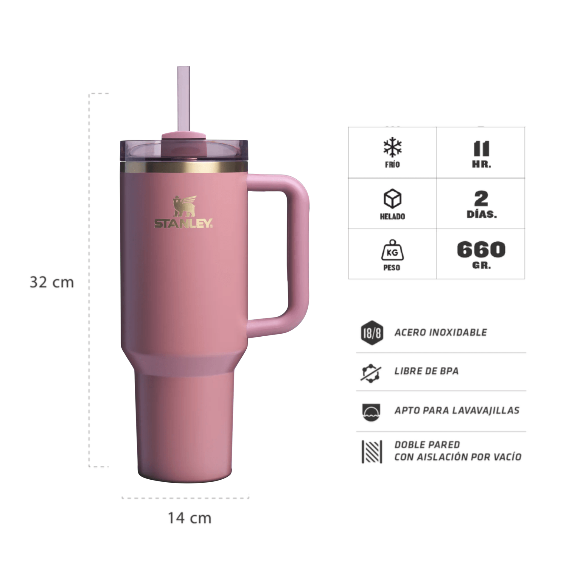 Vaso Stanley de color rosa con pajita y asa, de 32 cm de alto, que muestra sus características y propiedades aislantes.