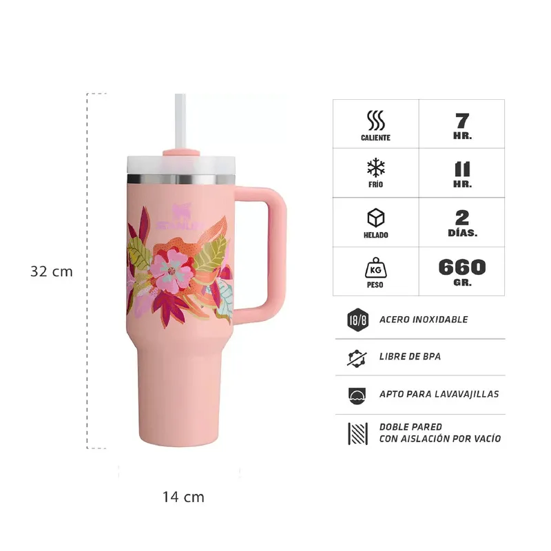 Taza de viaje térmica de color rosa con asa, diseño floral y pajita, que muestra dimensiones y características como aislamiento al vacío de doble pared.