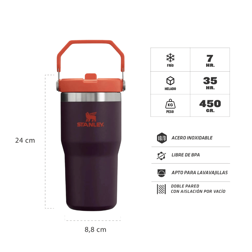 Vaso Stanley con asa, color morado oscuro con detalles en naranja, dimensiones y especificaciones mostradas.