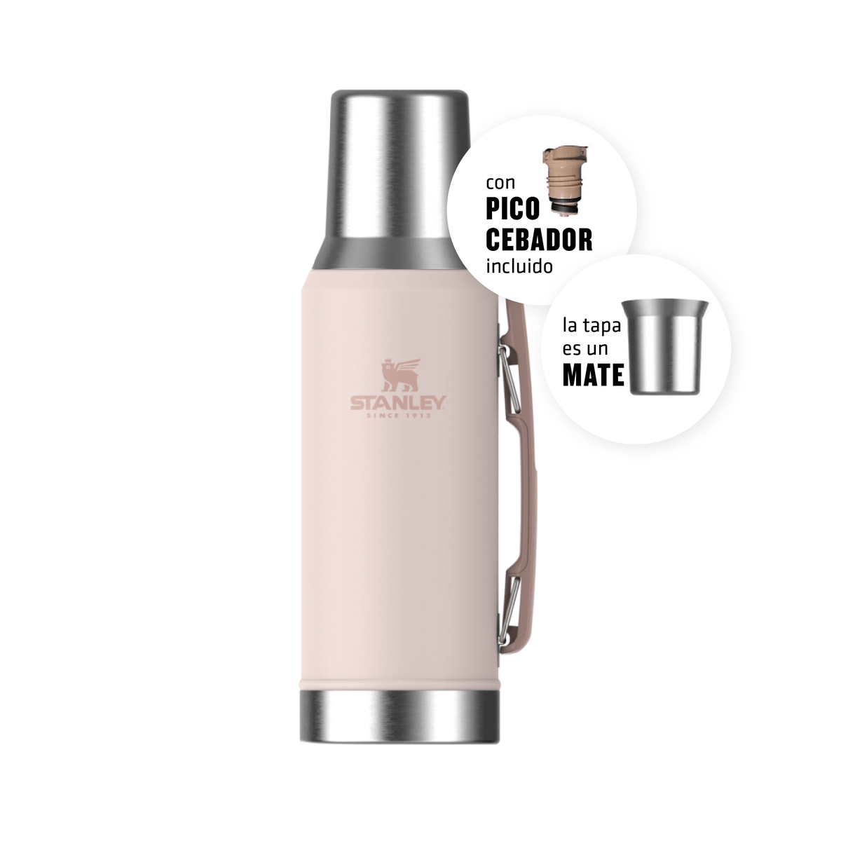 Un termo Stanley en color rosa con tapa de acero inoxidable y taza incorporada, con un inserto más pequeño que muestra un cebador.