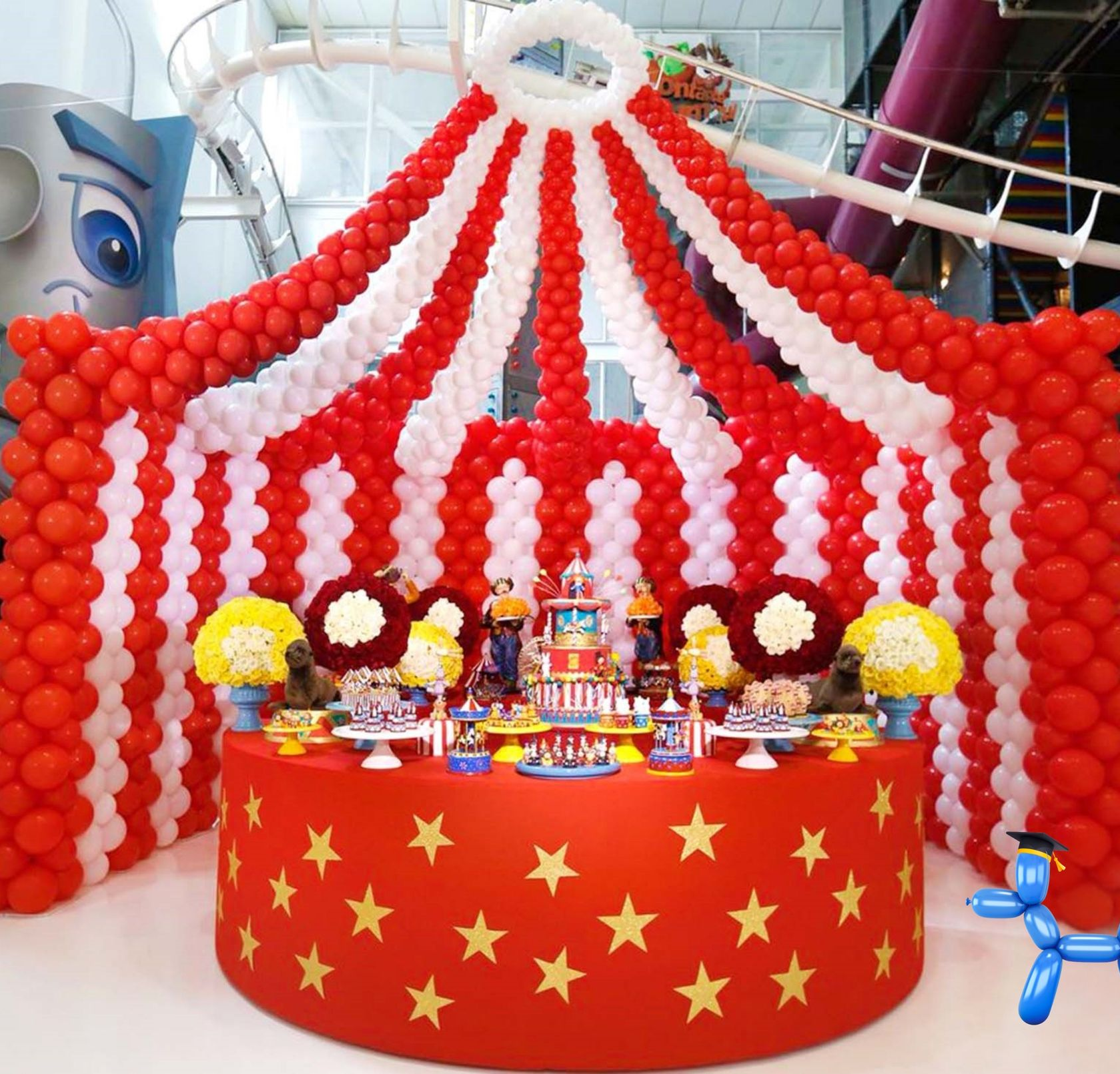 Circus themed balloon backdrop with red and white design for party decor in Fort Worth