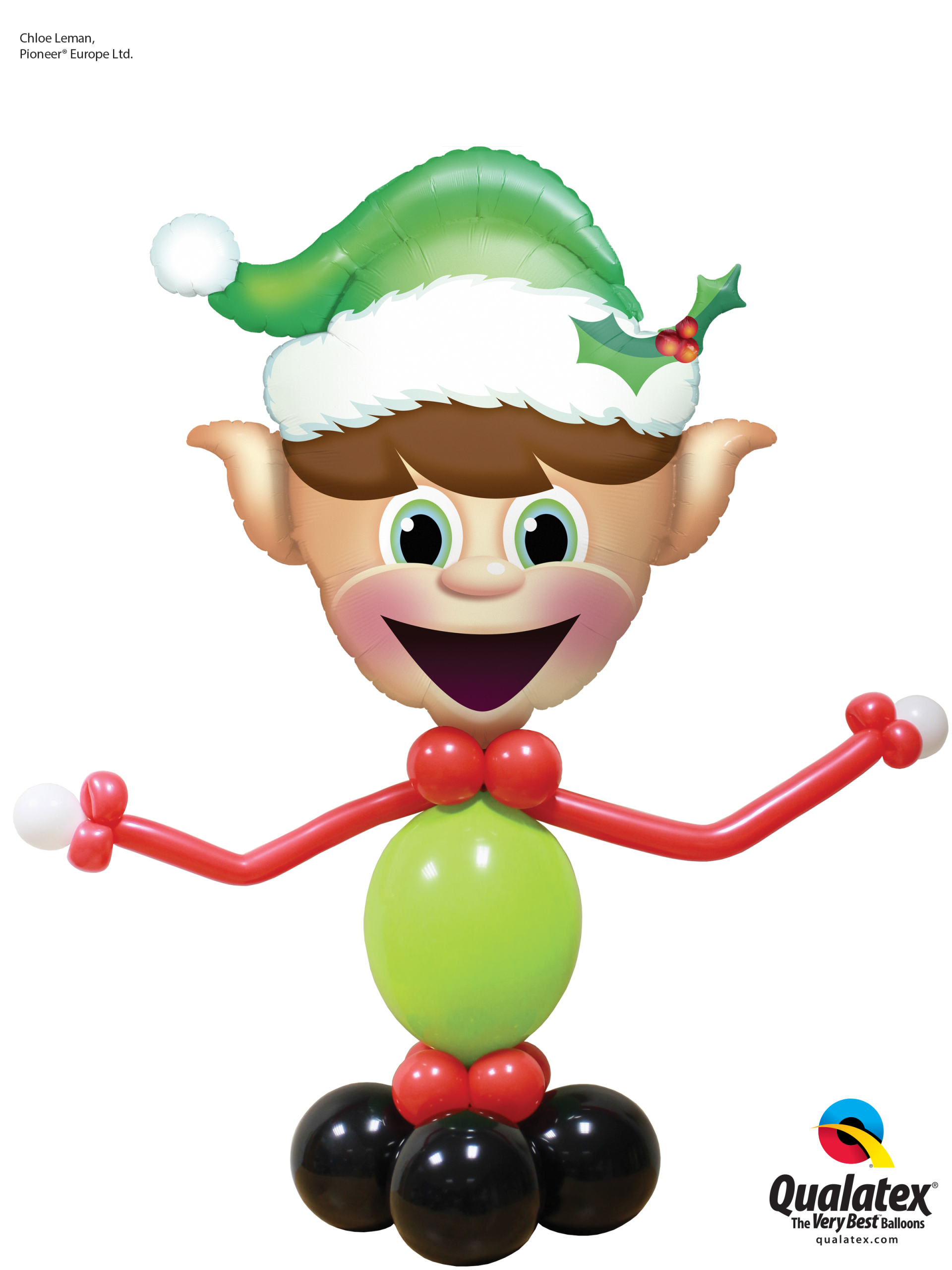 An elf made out of balloons with a santa hat on