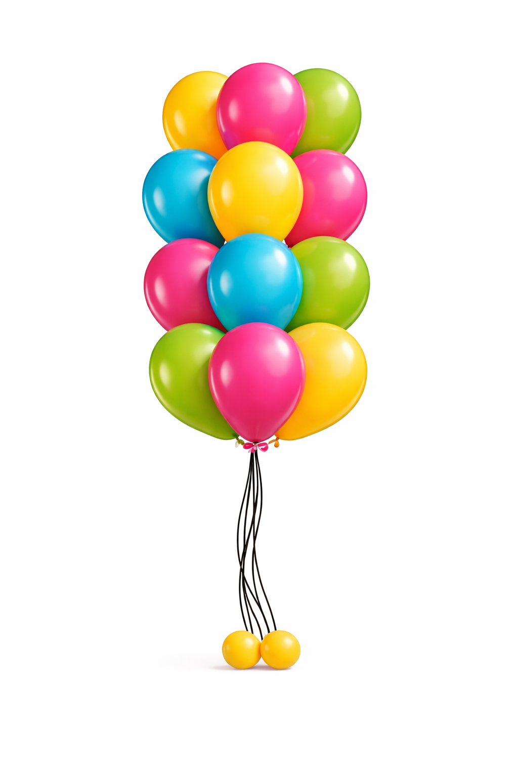 A cluster of colorful helium balloons in various vibrant shades, tied together with black strings