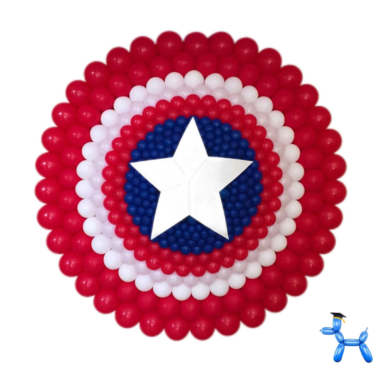 Captain america shield made out of red, white and blue balloons with a white star in the middle of it