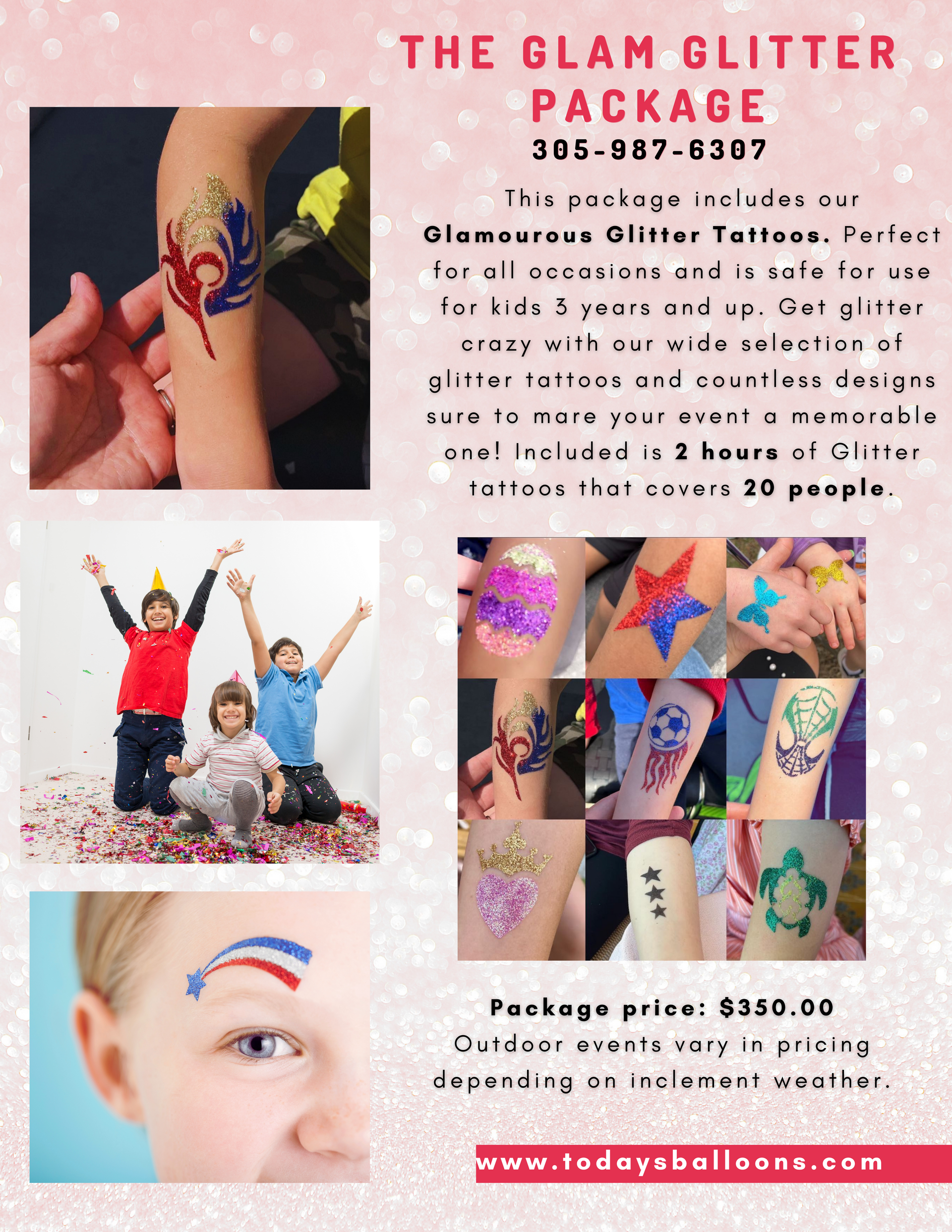 an advertisement for the glam glitter package includes glitter tattoos