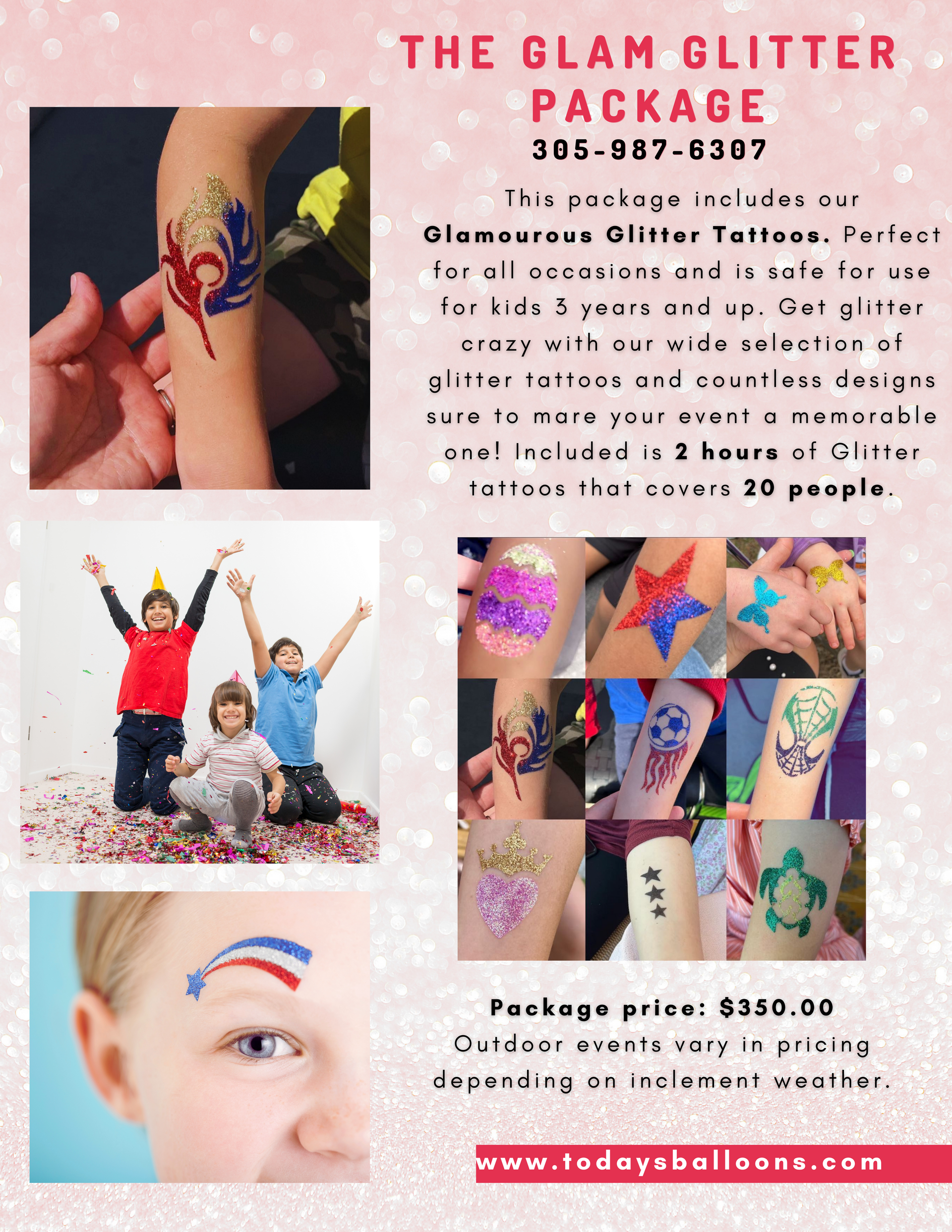 A flyer for the glam glitter package with a price of $ 320.00