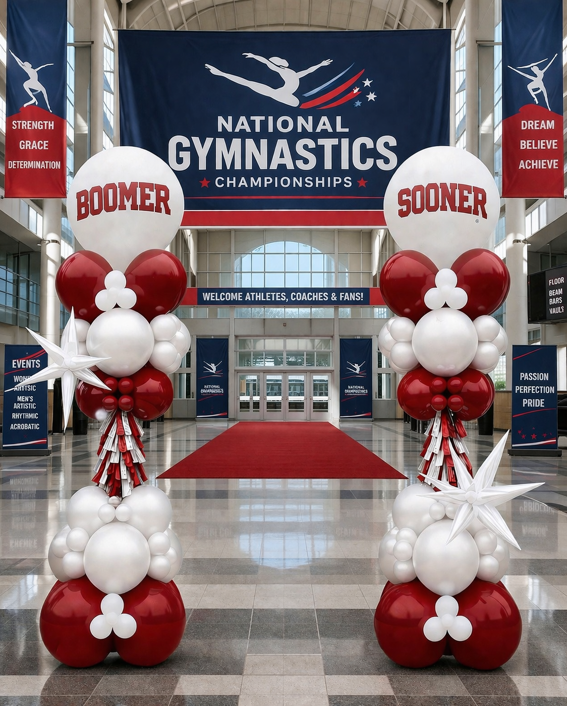 College balloon column decor for Oklahoma university in school colors and a school logo.