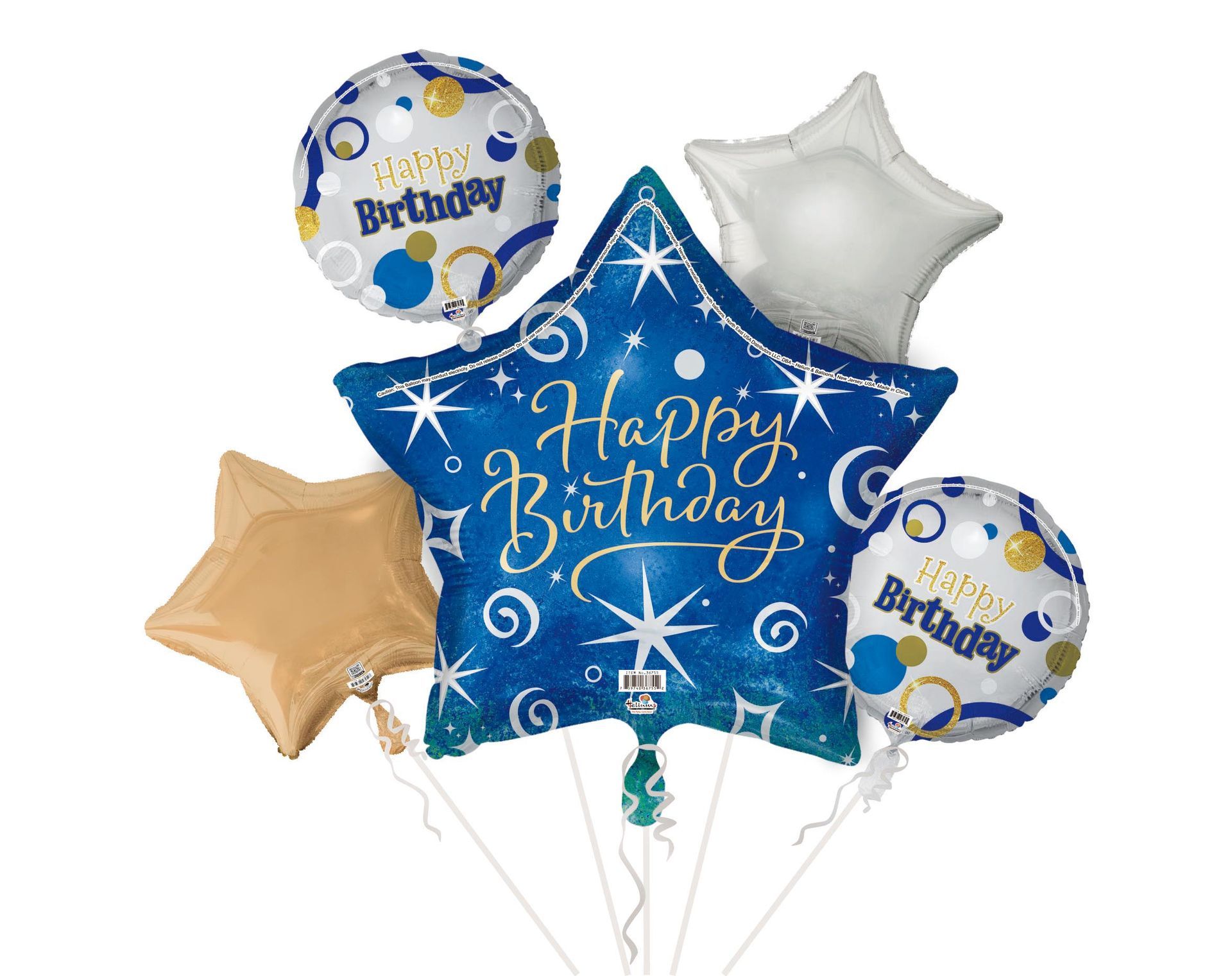 A festive birthday balloon bouquet featuring a large, starry blue foil star balloon with 