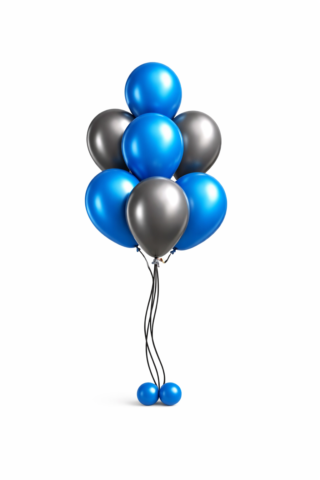 A cluster of 7 black and blue balloons attached to balloon string with a balloon base.