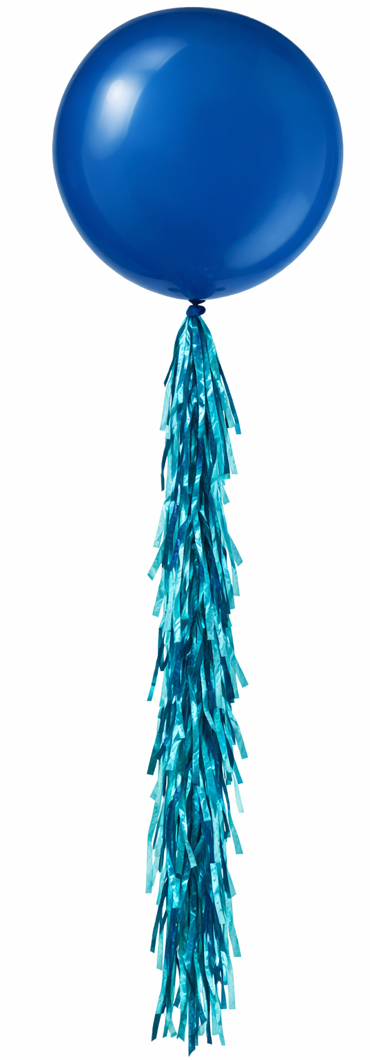 A royal blue jumbo balloon with shades of blue fringe hanging off of it creating a helium balloon arrangement.