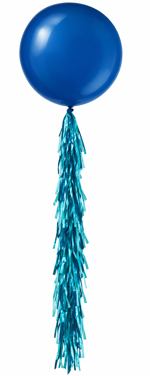 A blue balloon with a tassel attached to it.