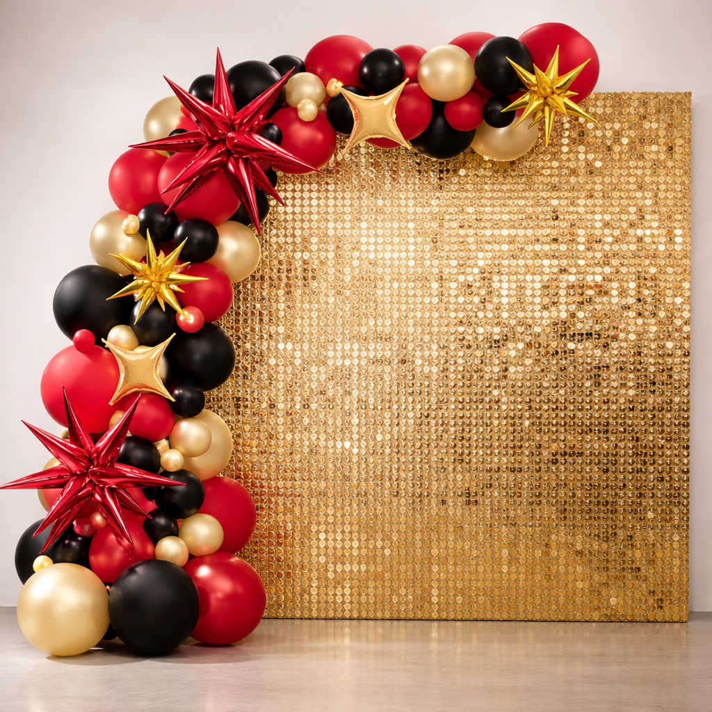 A silhouette of a woman standing in front of a balloon arch.