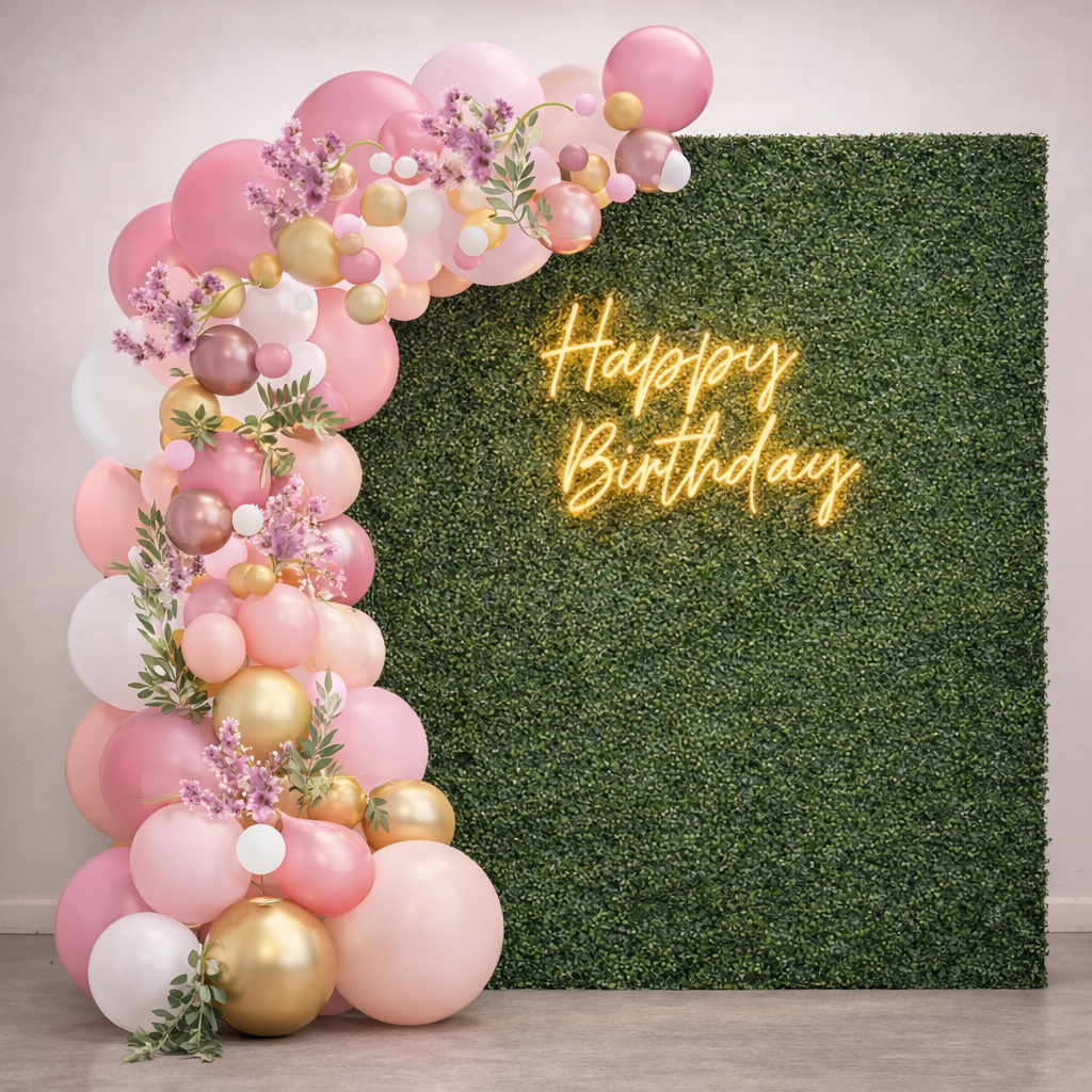 A silhouette of a woman standing in front of a wall of pink and gold balloons.