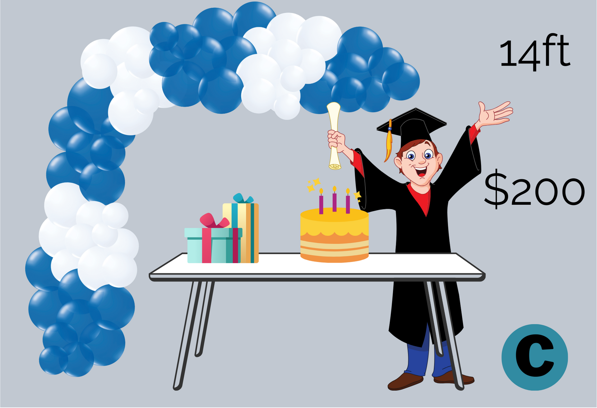 A boy in a graduation cap and gown is standing in front of a table with balloons and a cake.