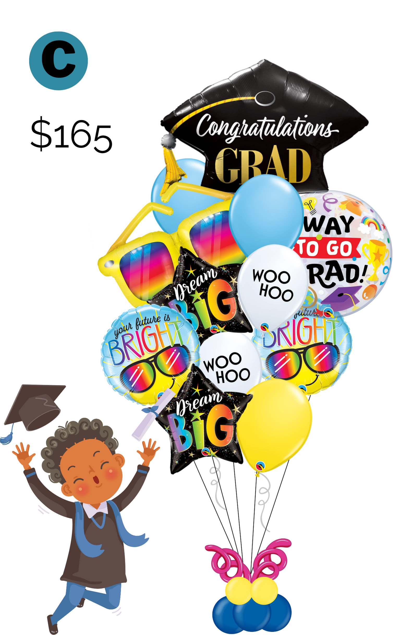 A boy in a graduation cap is holding a bouquet of balloons.