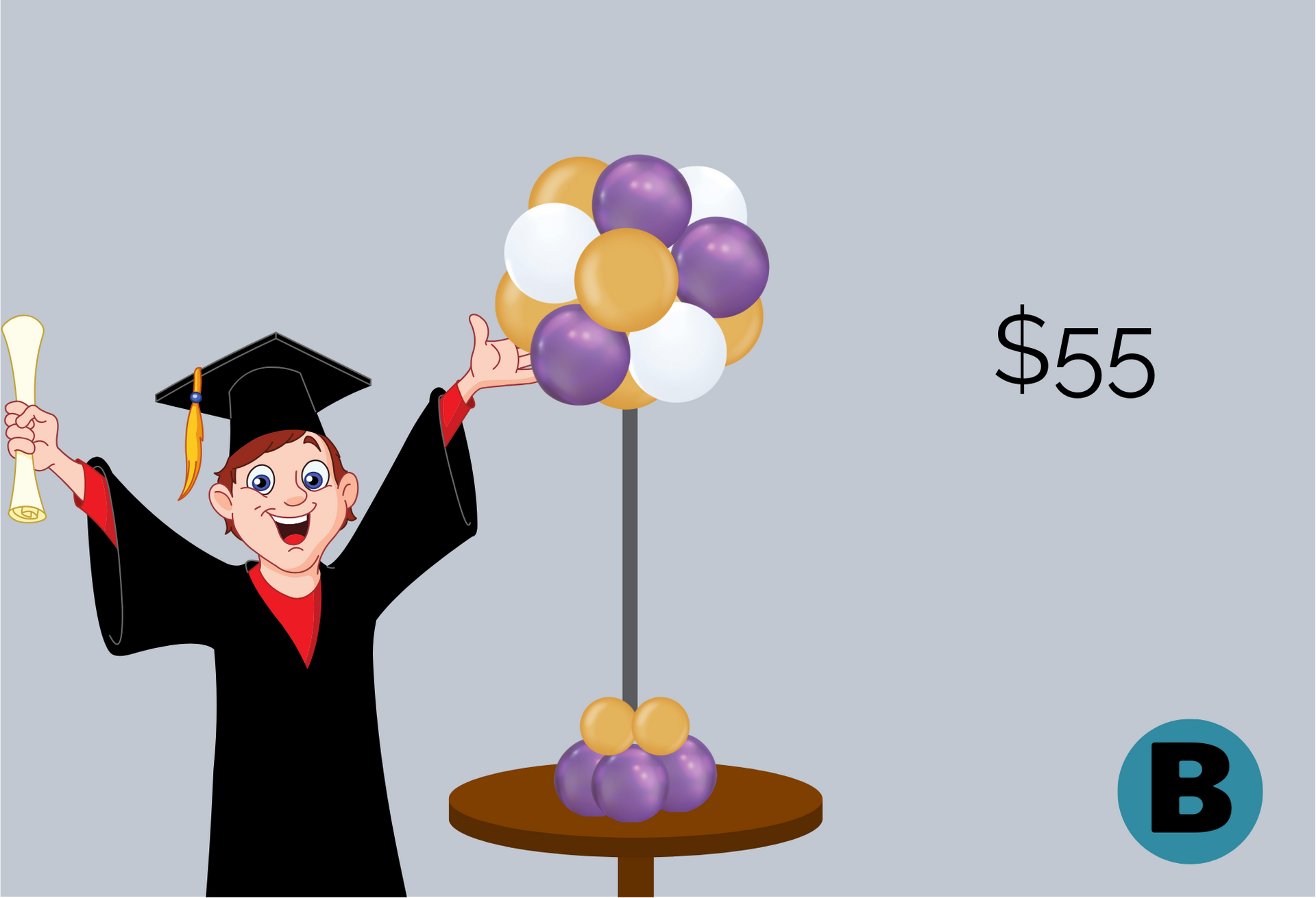 A cartoon of a boy in a graduation cap and gown holding a diploma and balloons.