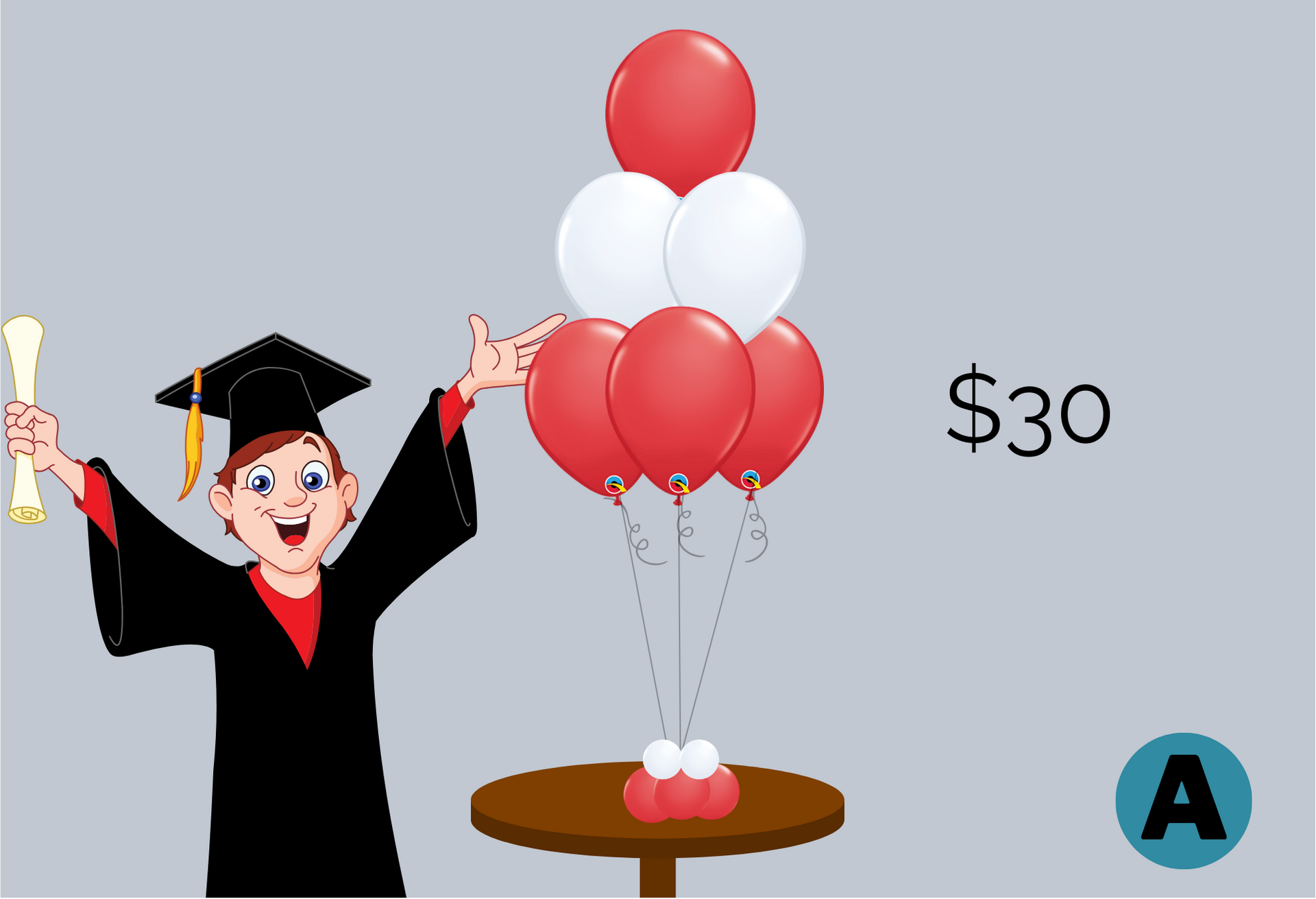 A cartoon of a graduate holding a diploma and balloons.