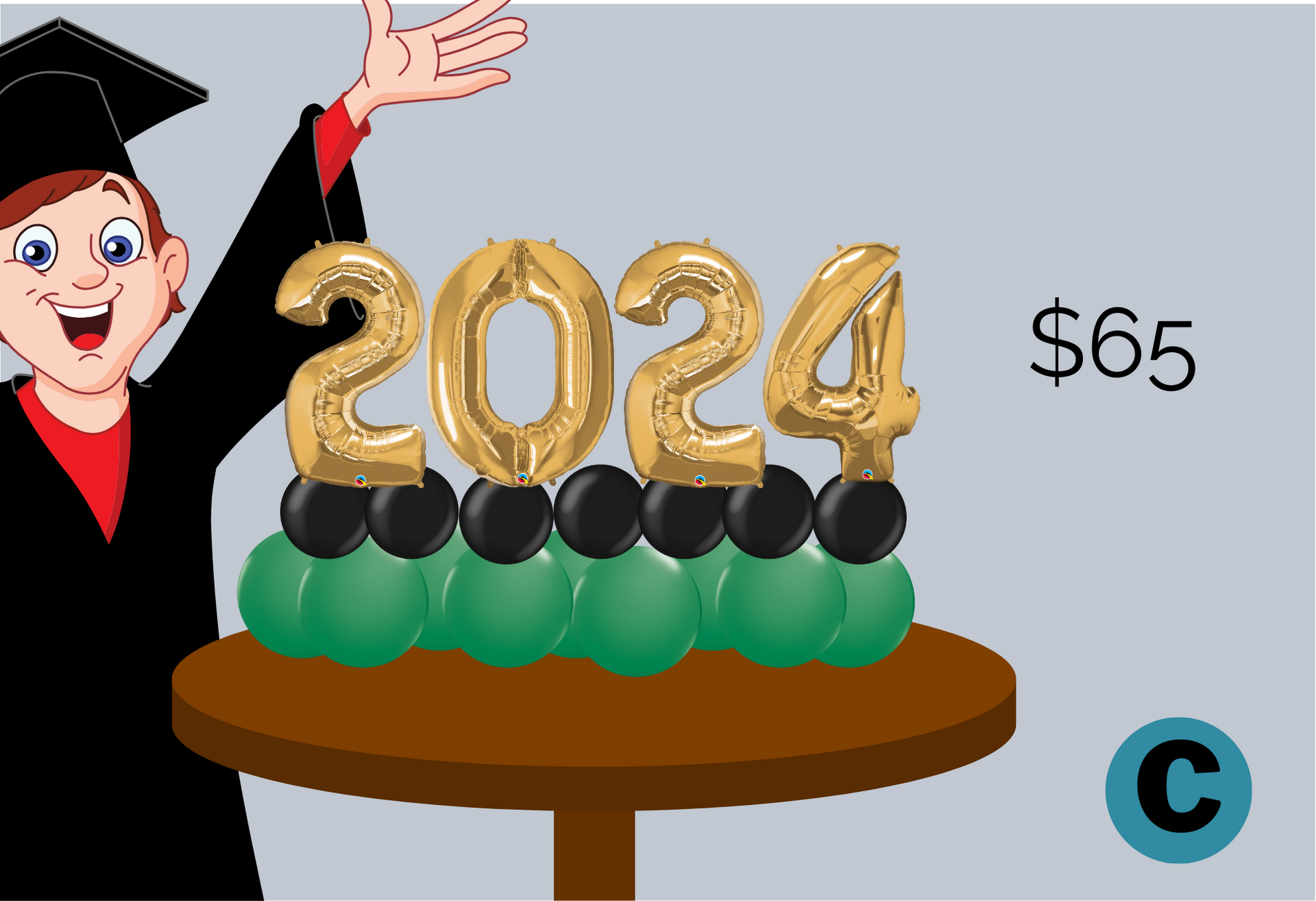 A boy in a graduation cap and gown is standing next to a table with balloons in the shape of the year 2024.