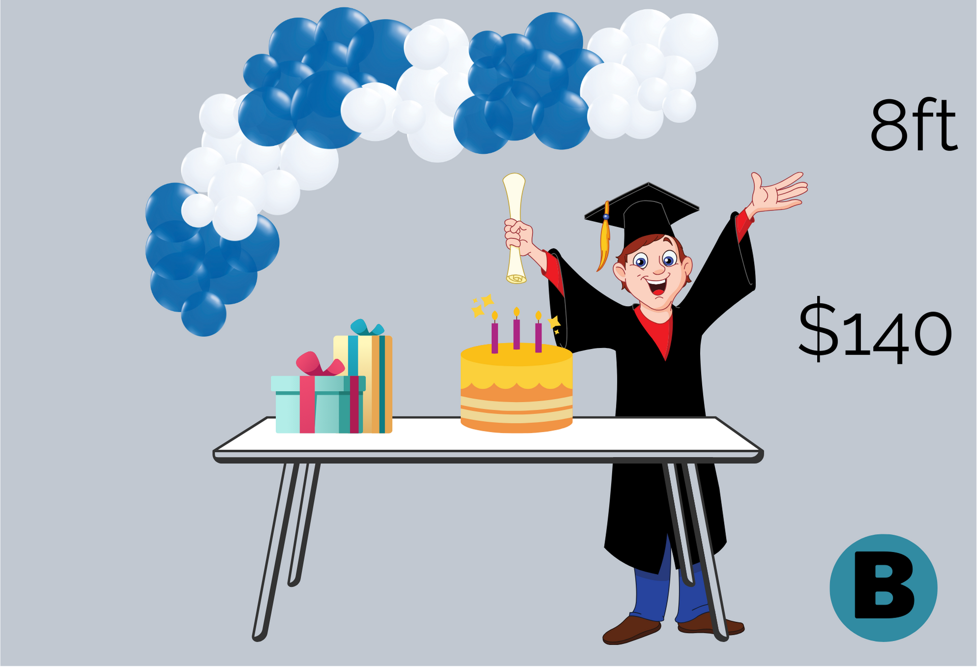 A boy in a graduation cap and gown is standing at a table with balloons and a cake.