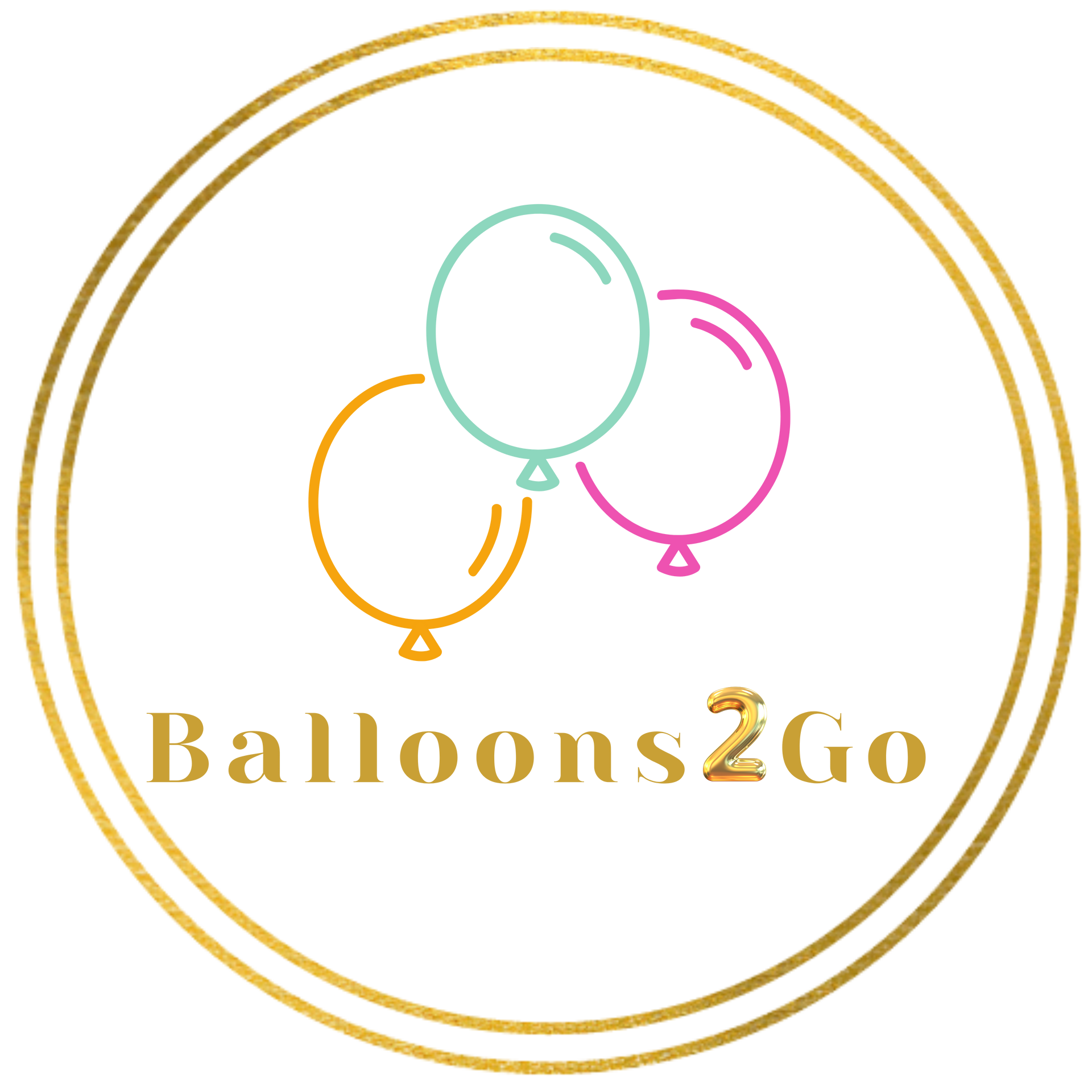 A logo for balloons 2 go with three balloons in a gold circle.