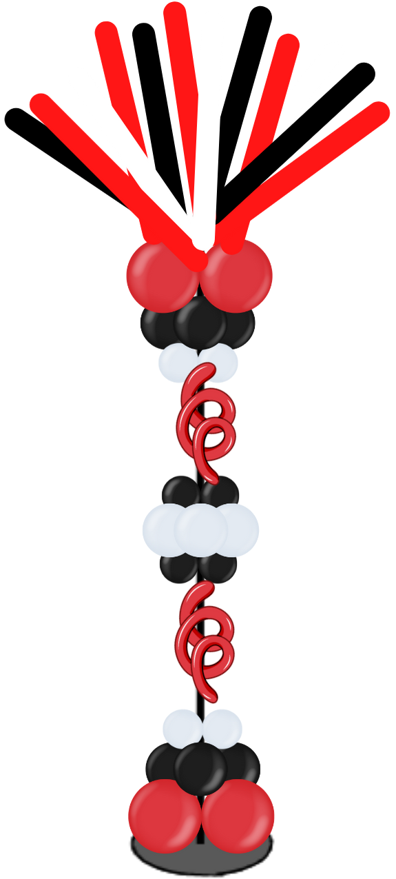 A balloon arrangement with red , black and white balloons and swirls.