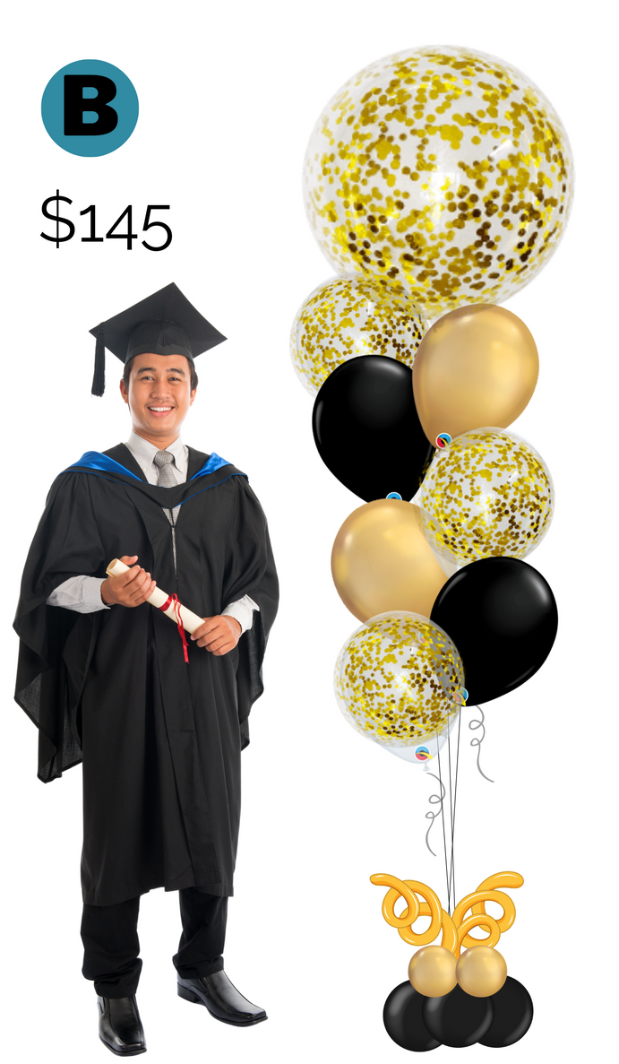 A man in a graduation cap and gown is standing next to a bunch of balloons.
