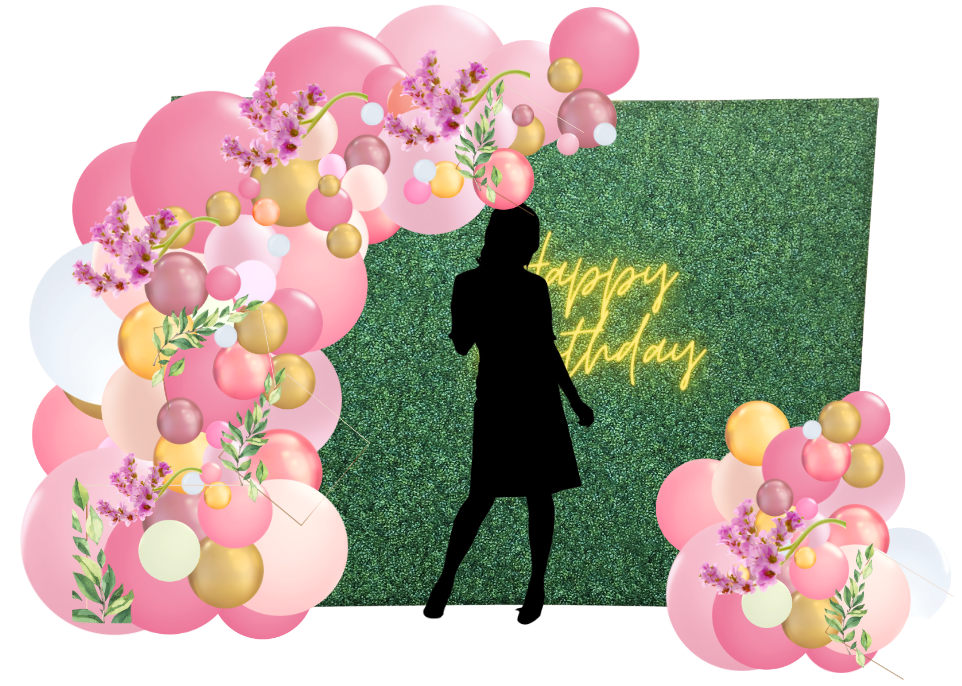 A silhouette of a woman standing in front of a wall of pink and gold balloons.